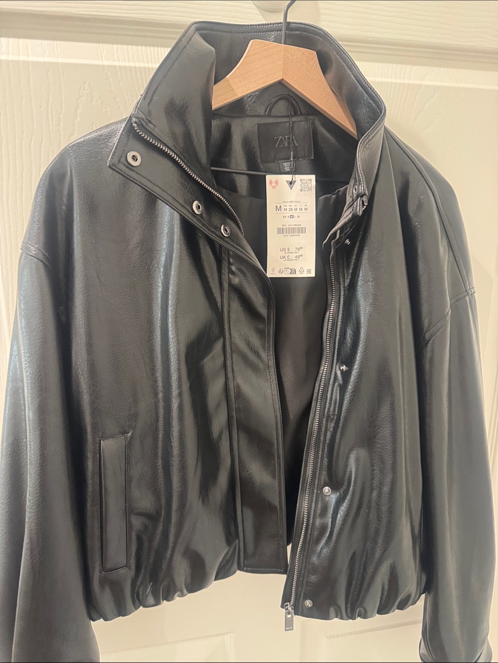 NWT Zara women’s Black Faux Leather Bomber Jacket